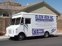 Custom Wrought Iron Gates, Doors, Fences, Art and Rails by Olson Iron Inc., Las Vegas, Nevada.  Picture of Olson Iron Inc. Company Truck
